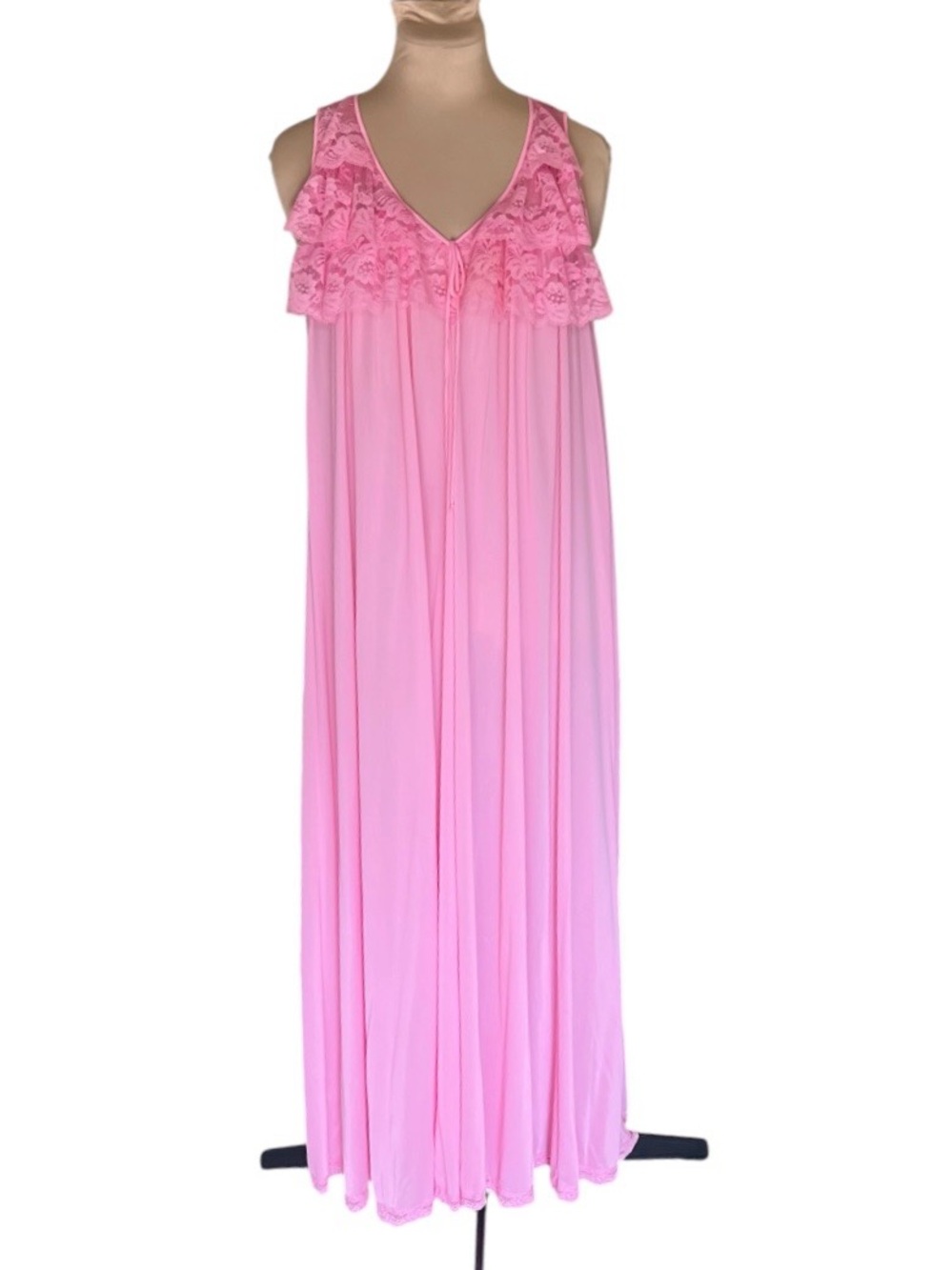 Vintage Miss Elaine Women’s Pink Nylon Lace Ruffle Maxi Nightgown Size M